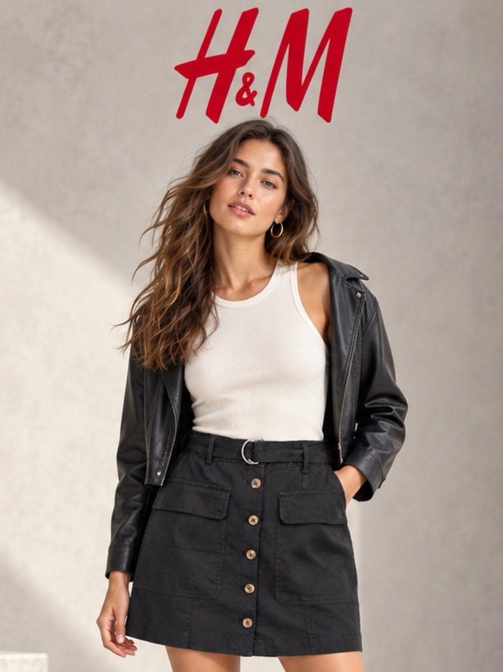 H&M Black Linen Button-Front Mini Skirt with Patch Pockets Size 8